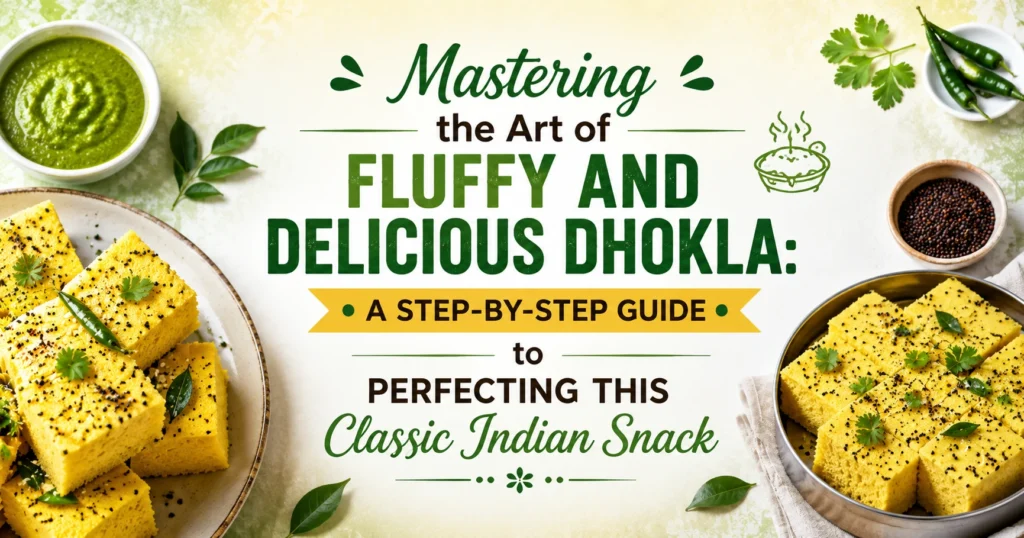 Mastering the Art of Fluffy and Delicious Dhokla: A Step-by-Step Guide to Perfecting This Classic Indian Snack blog banner featuring fluffy dhokla, green chutney, Indian spices, and a centered title on a bright yellow and green background.