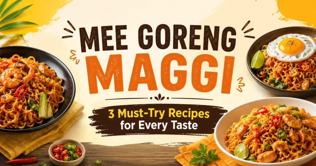 **Mee Goreng Maggi blog banner featuring three delicious noodle recipes with the title "Mee Goreng Maggi: 3 Must-Try Recipes for Every Taste" centered on a vibrant food-themed background.**