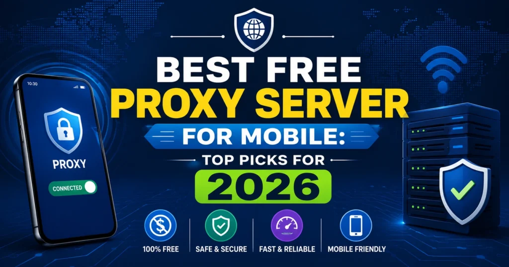 "Best Free Proxy Server for Mobile: Top Picks for 2026" featuring a smartphone with a secure proxy connection, protected server racks, cybersecurity icons, and a modern blue technology background highlighting safe, fast, and mobile-friendly proxy services.