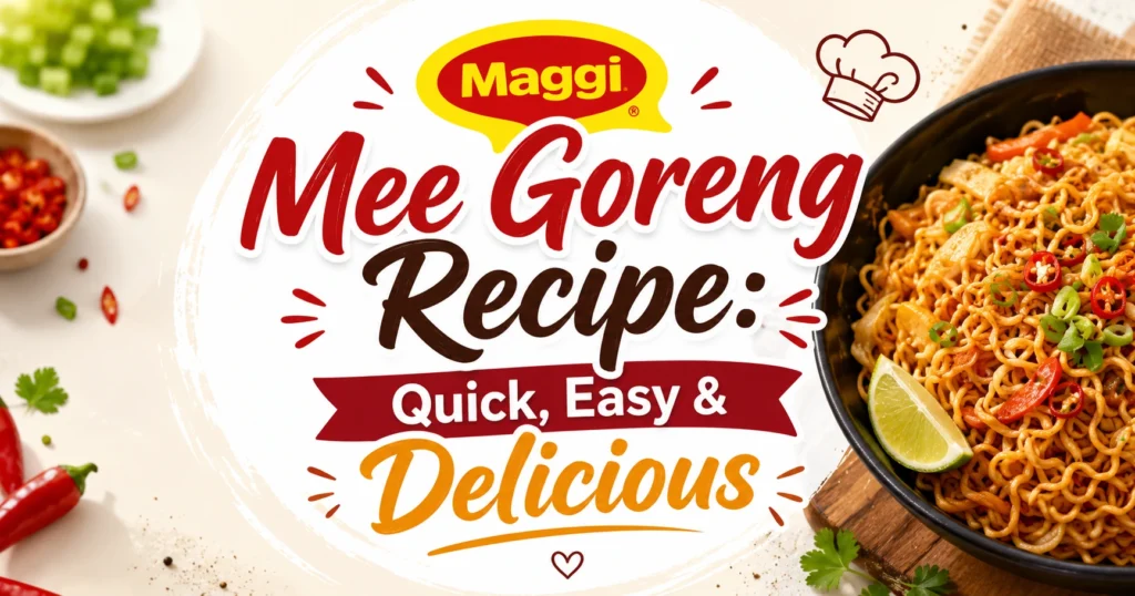 **Alt Text:** **"Maggi Mee Goreng recipe banner featuring a bowl of spicy noodles with the title 'Quick, Easy & Delicious'."**