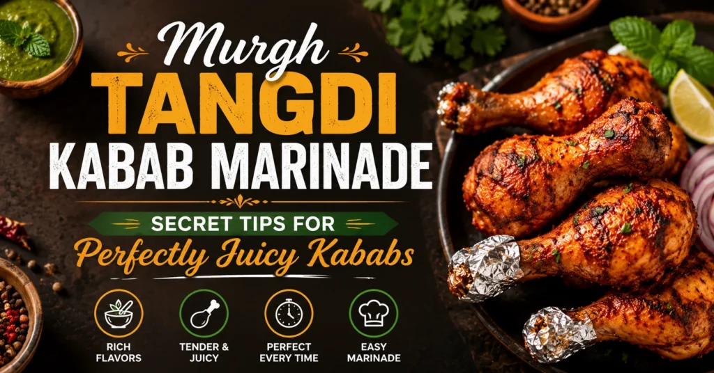 "Murgh Tangdi Kabab Marinade: Secret Tips for Perfectly Juicy Kababs" featuring grilled chicken drumsticks with charred seasoning, fresh herbs, onion slices, lemon wedges, green chutney, and spices on a dark rustic background with the title prominently displayed in the centre.