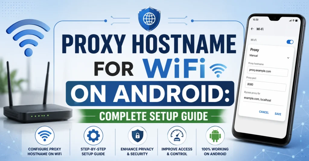 "Proxy Hostname for WiFi on Android: Complete Setup Guide" featuring an Android smartphone displaying WiFi proxy settings, a wireless router, WiFi and security icons, and a modern blue technology background with the title prominently centred.