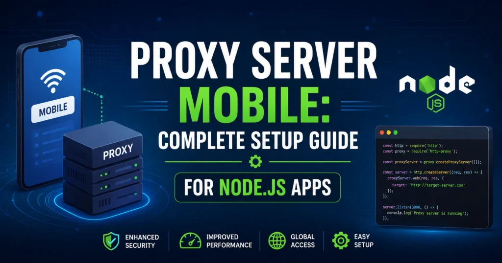**Proxy Server Mobile blog banner featuring the centered title "Proxy Server Mobile: Complete Setup Guide for Node.js Apps" with server, smartphone, and Node.js graphics on a modern tech-themed background.**