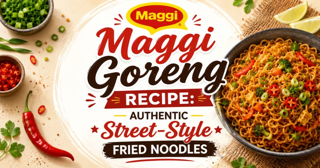 "Blog banner featuring a bowl of Maggi Goreng with the title 'Authentic Street-Style Fried Noodles Recipe'."