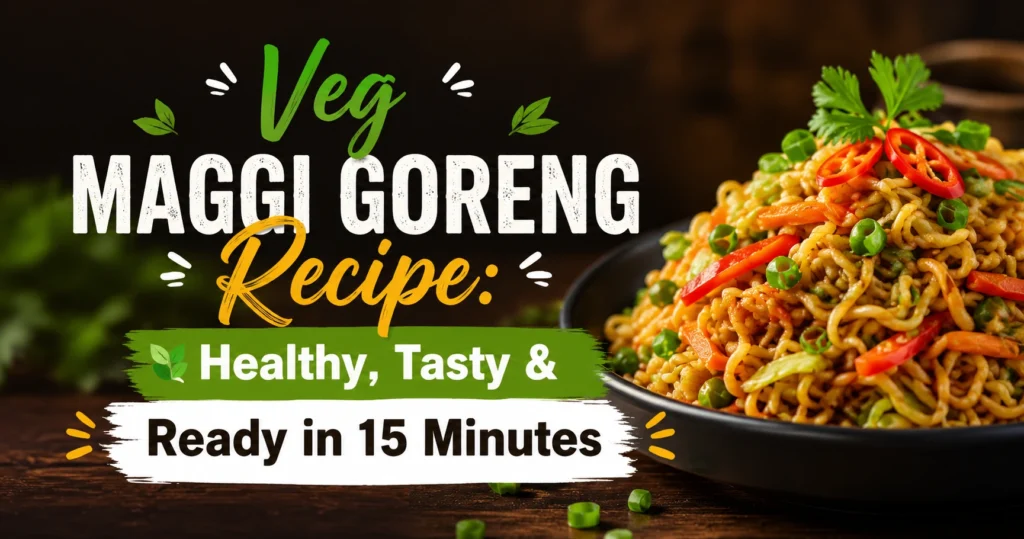 "A colorful bowl of Veg Maggi Goreng with fresh vegetables, featuring the title 'Veg Maggi Goreng Recipe: Healthy, Tasty & Ready in 15 Minutes' centered on a vibrant food blog banner."