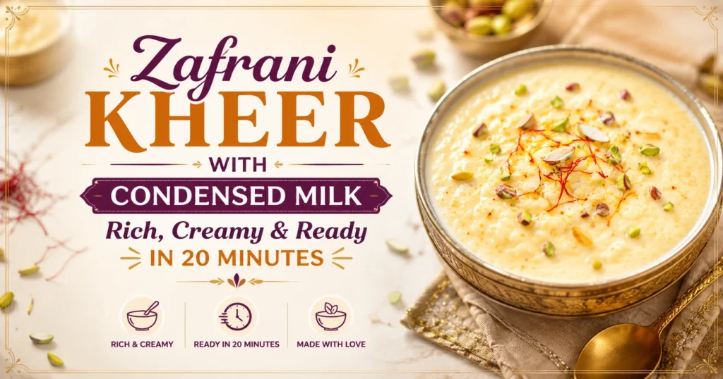 "Zafrani Kheer with Condensed Milk: Rich, Creamy & Ready in 20 Minutes" featuring a bowl of creamy saffron rice pudding garnished with pistachios, almonds, and saffron strands on a warm, elegant background with the title displayed prominently in the centre.