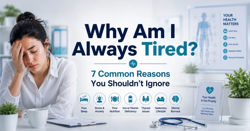 “A tired woman sitting in a medical clinic, with the text ‘Why Am I Always Tired?’ and seven common reasons for tiredness shown below.”