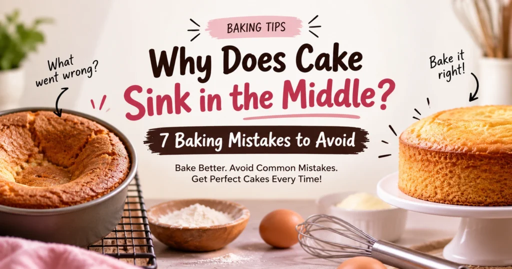 Baking tips graphic showing a sunken cake beside a properly risen cake, with the title “Why Does Cake Sink in the Middle? 7 Baking Mistakes to Avoid.”