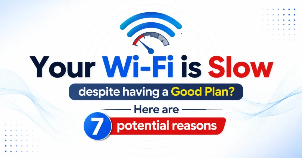 A clean modern infographic showing a slow Wi-Fi connection despite having a good internet plan, with a large Wi-Fi speedometer icon and centered text highlighting seven potential reasons.