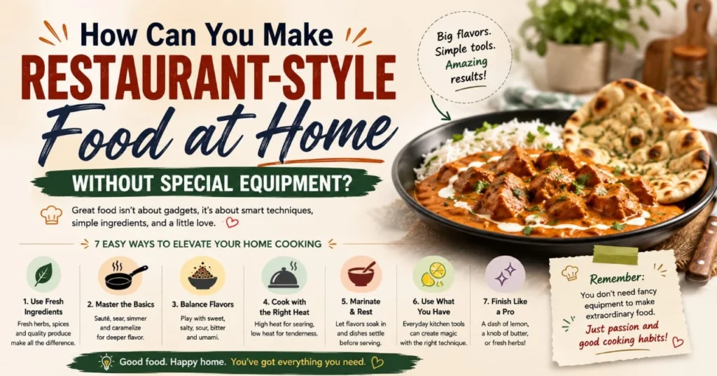 “Infographic showing 7 easy ways to make restaurant-style food at home without special equipment, featuring a plate of creamy curry, rice, and naan.”