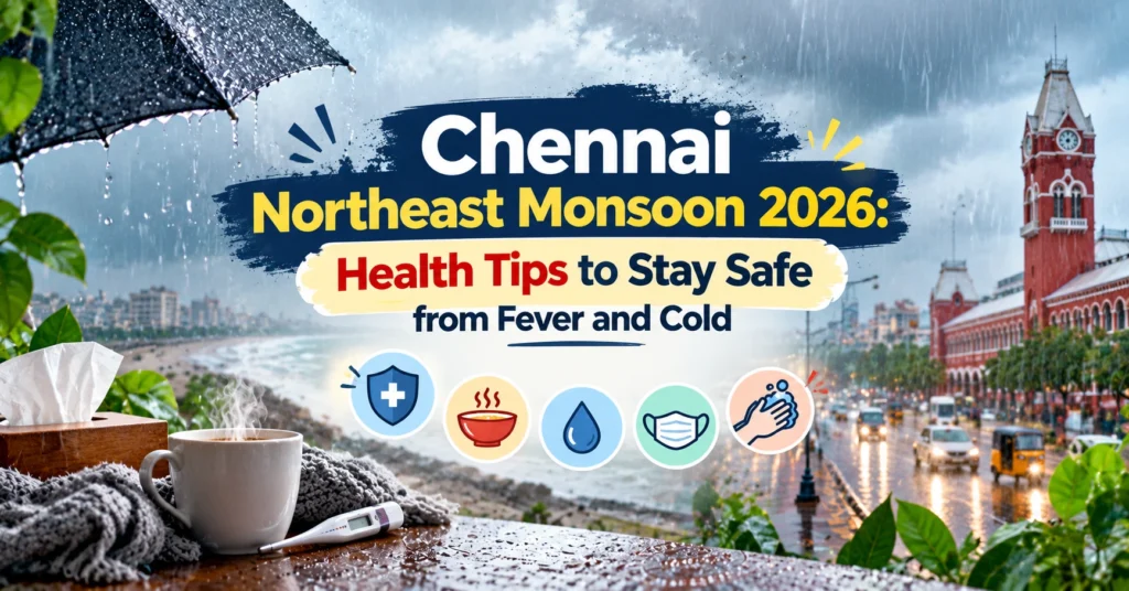 Chennai Northeast Monsoon 2026 health tips banner with rainy streets, an umbrella, thermometer, warm drink, and icons for fever prevention, hydration, and hygiene.